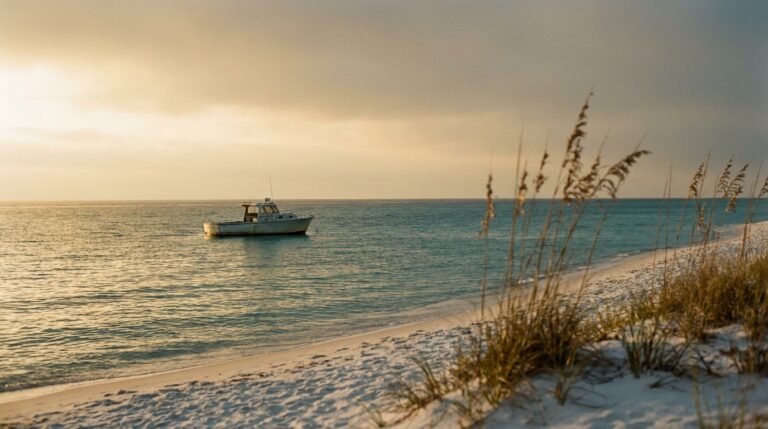 Calm Gulf of Mexico water near Panama City Beach at sunset, featured image for boat accident lawyer blog post